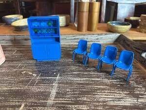 Vintage Arco Blue Plastic Miniature Dollhouse Kitchen Hutch and 4 Stacking Chair